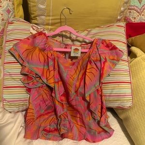 VIBRANT TROPICAL FARM RIO SCOOP NECK BLOUSE